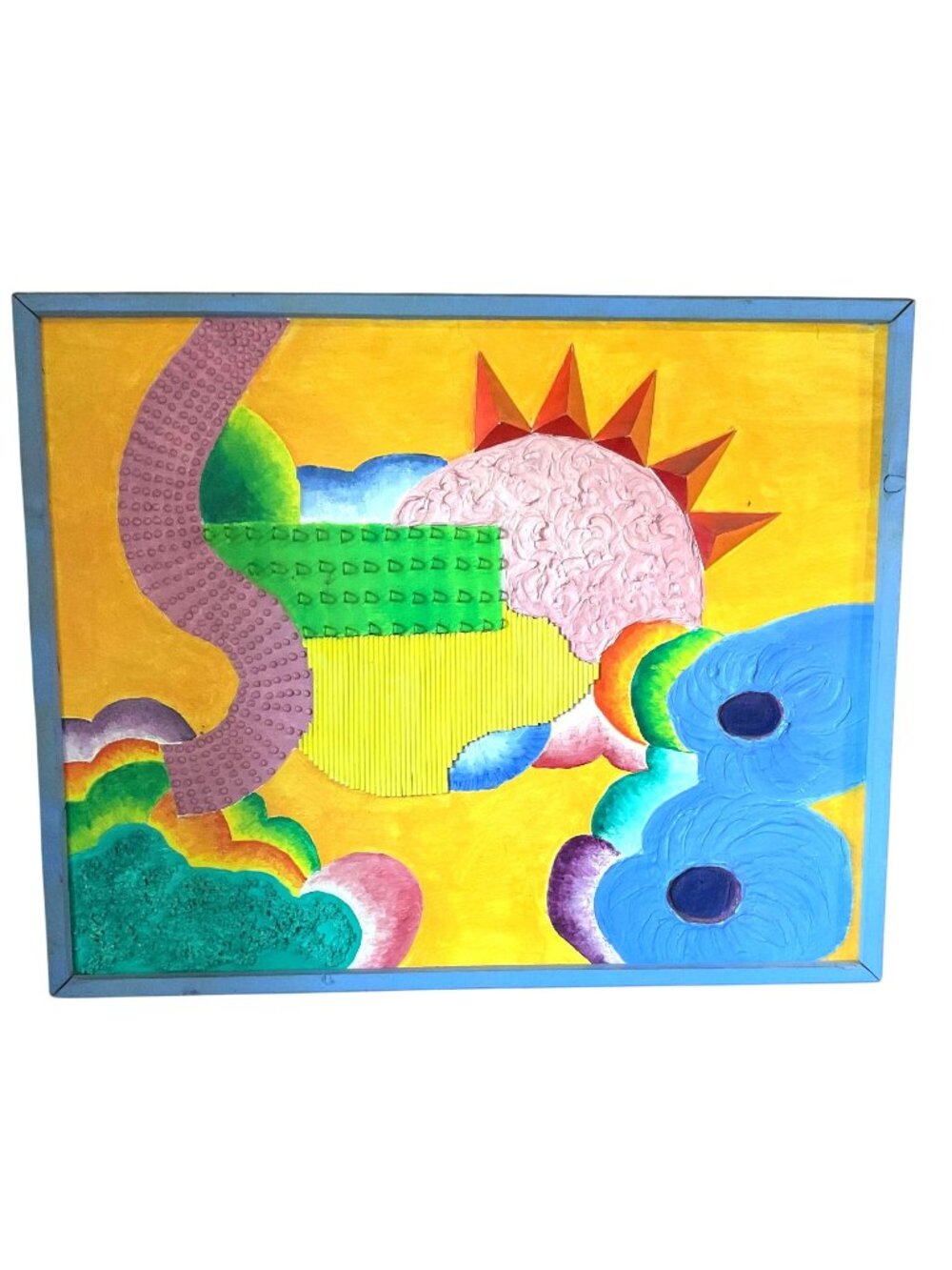 Vtg Studio Artist 3D Abstract Painting On Wood Floral Sunshine Motif 29"W X 23"H